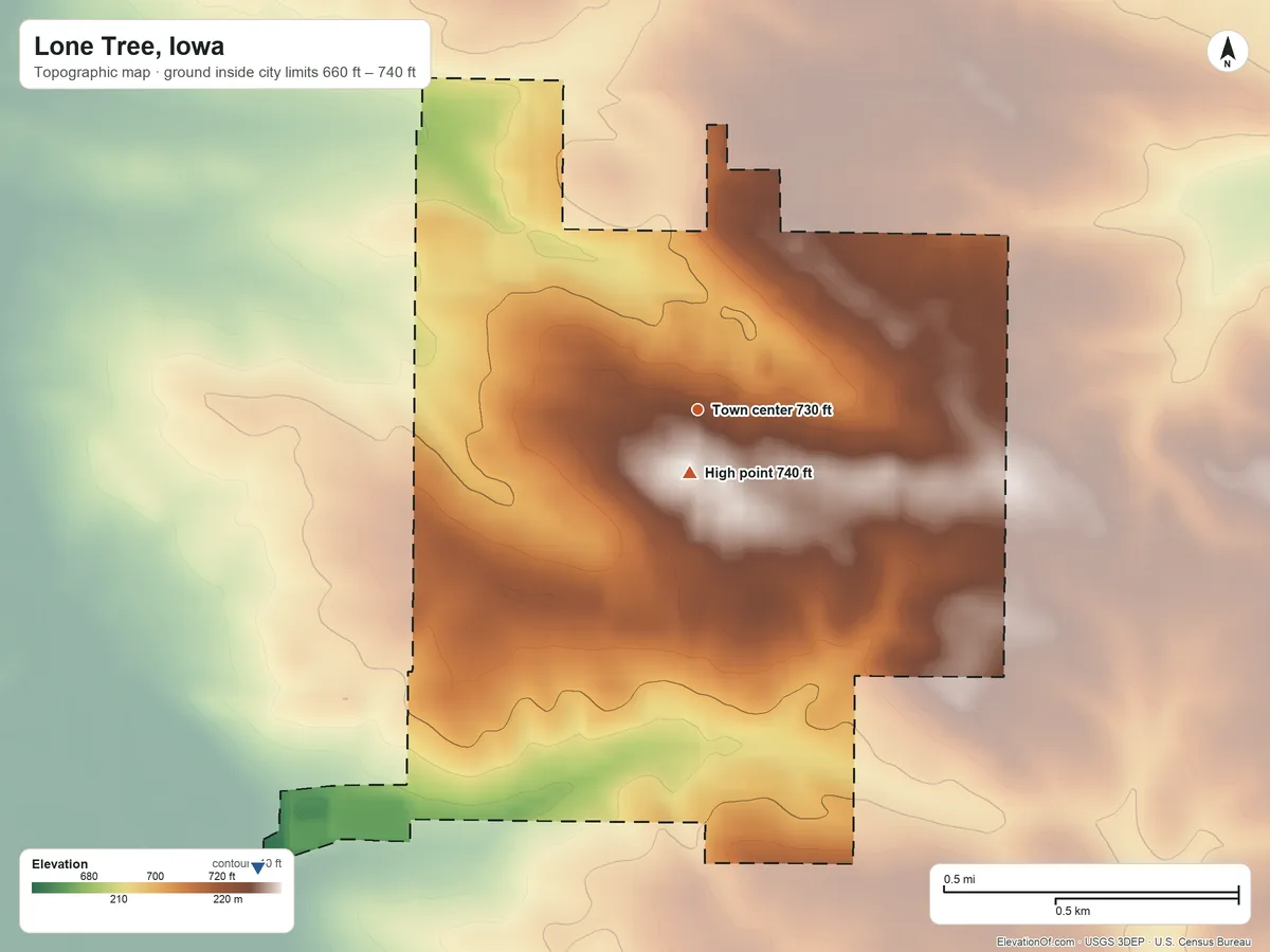 Topographic elevation map of Lone Tree, Iowa, shaded from 660 ft on the southwest side to 740 ft near the middle