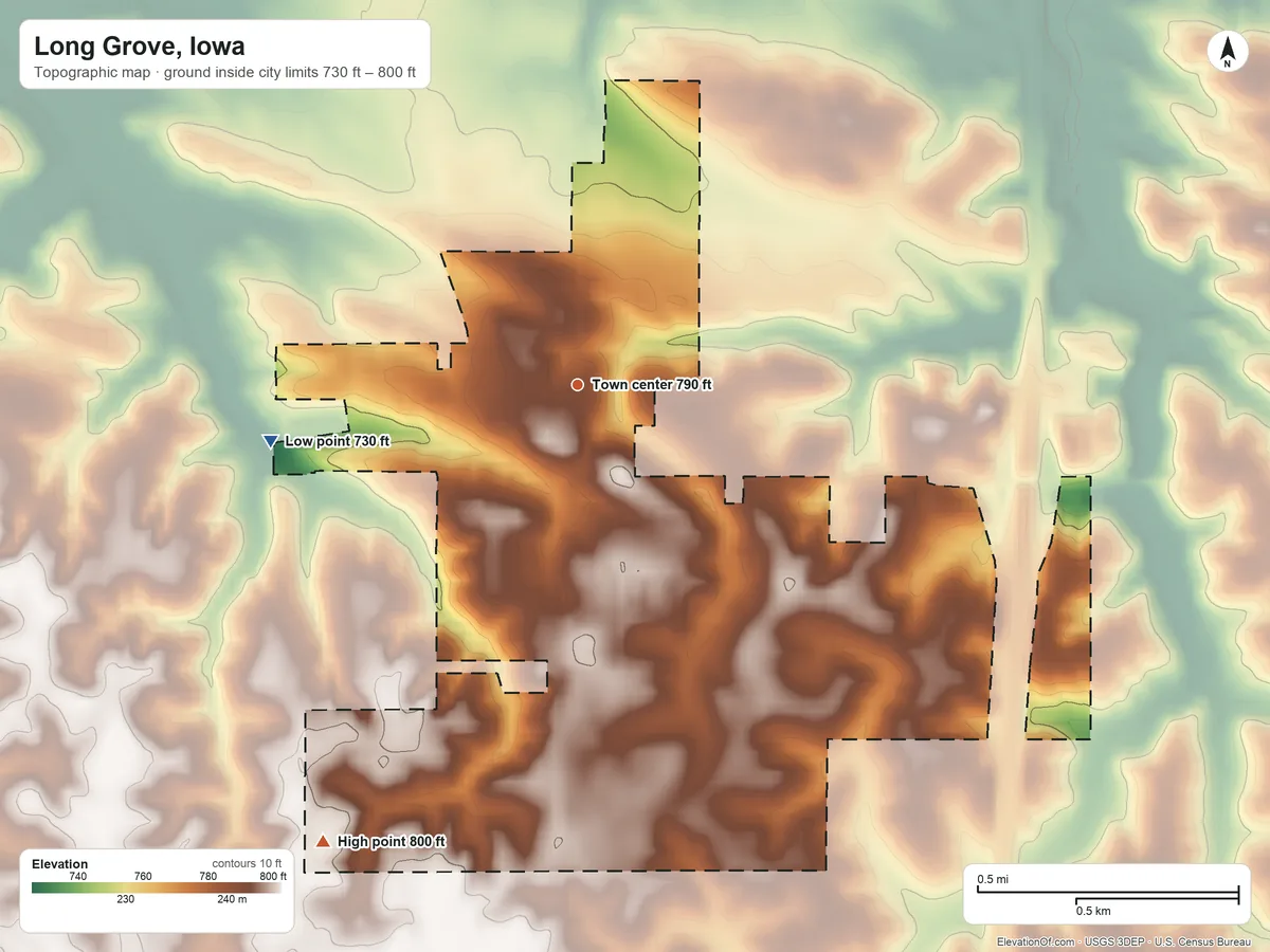 Topographic elevation map of Long Grove, Iowa, shaded from 730 ft on the west side to 800 ft on the southwest side