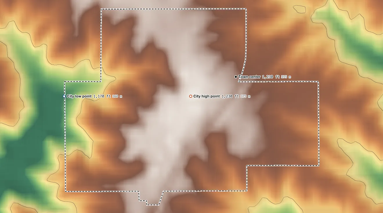 Topographic elevation map of Lorimor, Iowa, shaded from 1,170 ft on the west side to 1,230 ft on the southwest side