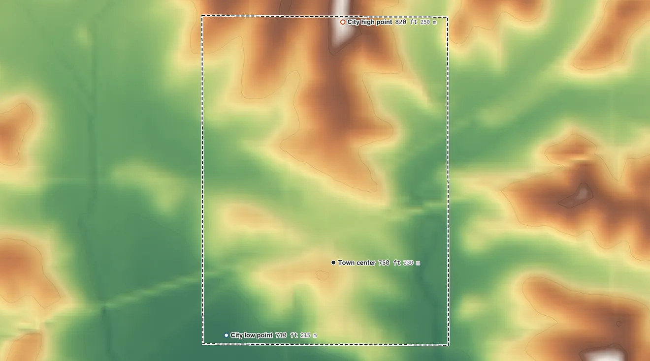 Topographic elevation map of Lost Nation, Iowa, shaded from 710 ft on the southwest side to 820 ft on the north side