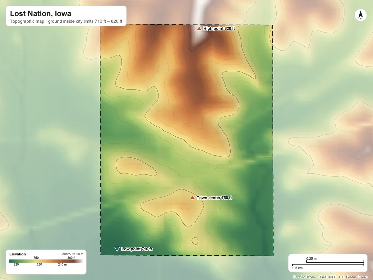 Topographic elevation map of Lost Nation, Iowa, shaded from 710 ft on the southwest side to 820 ft on the north side