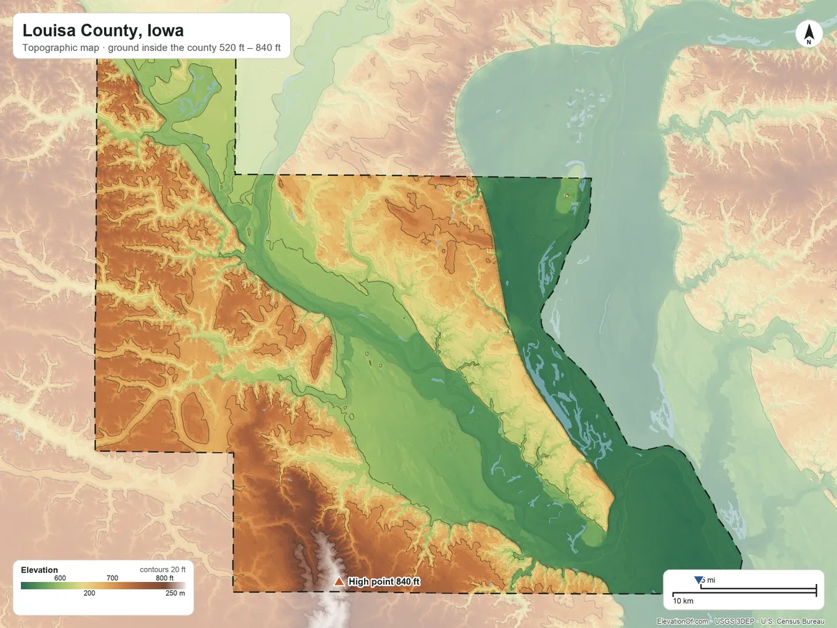 Topographic elevation map of Louisa County, Iowa, shaded from 520 ft on the southeast side to 840 ft on the south side
