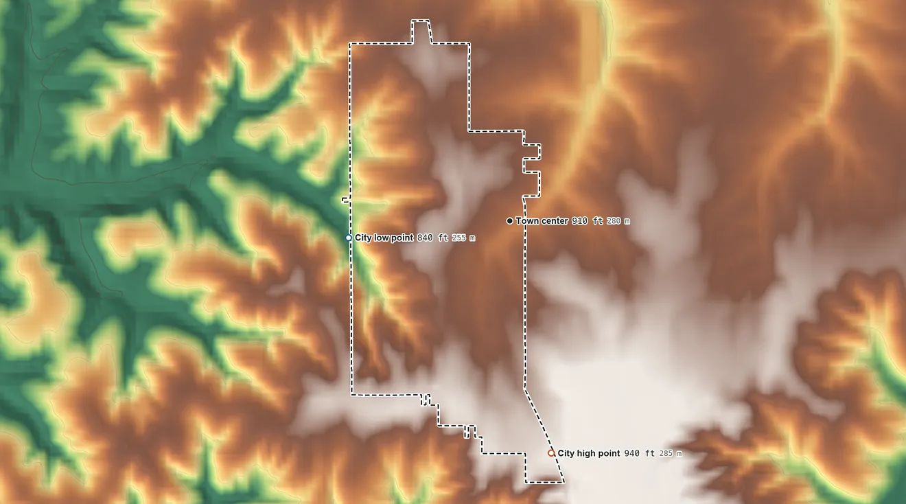Topographic elevation map of Lovilia, Iowa, shaded from 840 ft on the west side to 940 ft on the south side