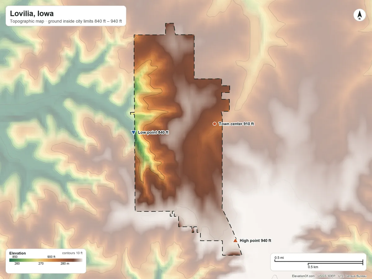 Topographic elevation map of Lovilia, Iowa, shaded from 840 ft on the west side to 940 ft on the south side