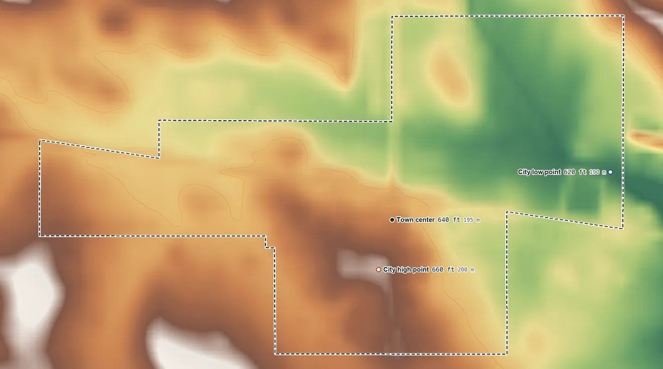Topographic elevation map of Low Moor, Iowa, shaded from 620 ft on the east side to 660 ft near the middle