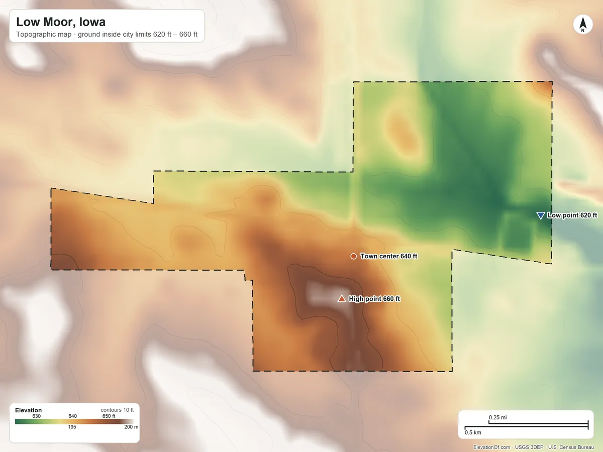 Topographic elevation map of Low Moor, Iowa, shaded from 620 ft on the east side to 660 ft near the middle