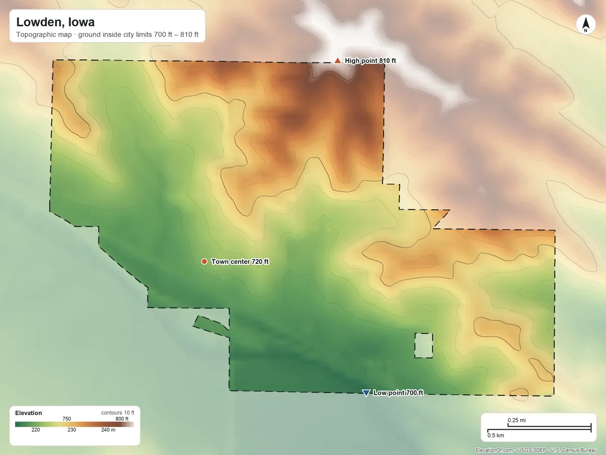 Topographic elevation map of Lowden, Iowa, shaded from 700 ft on the southeast side to 810 ft on the northeast side
