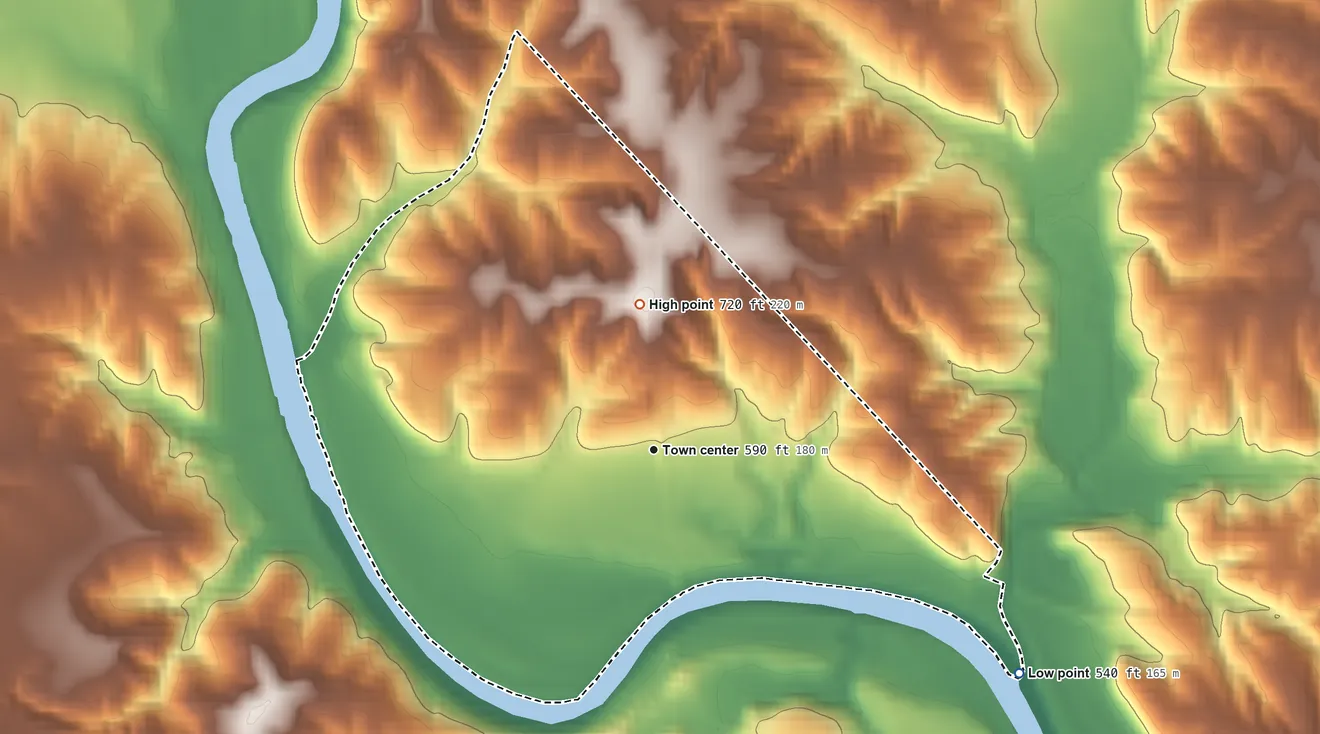 Topographic elevation map of Lowell, Iowa, shaded from 540 ft on the southeast side to 720 ft on the north side