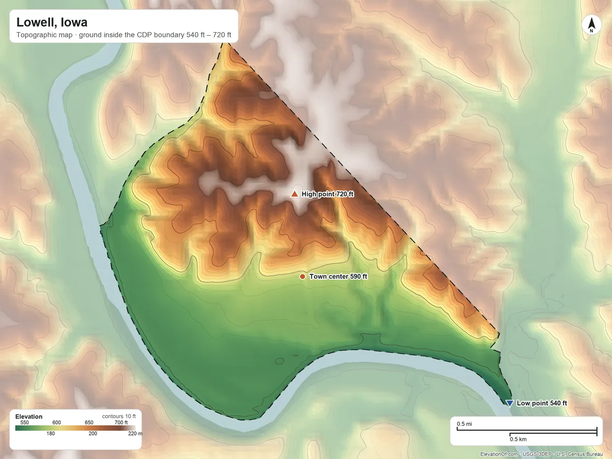 Topographic elevation map of Lowell, Iowa, shaded from 540 ft on the southeast side to 720 ft on the north side