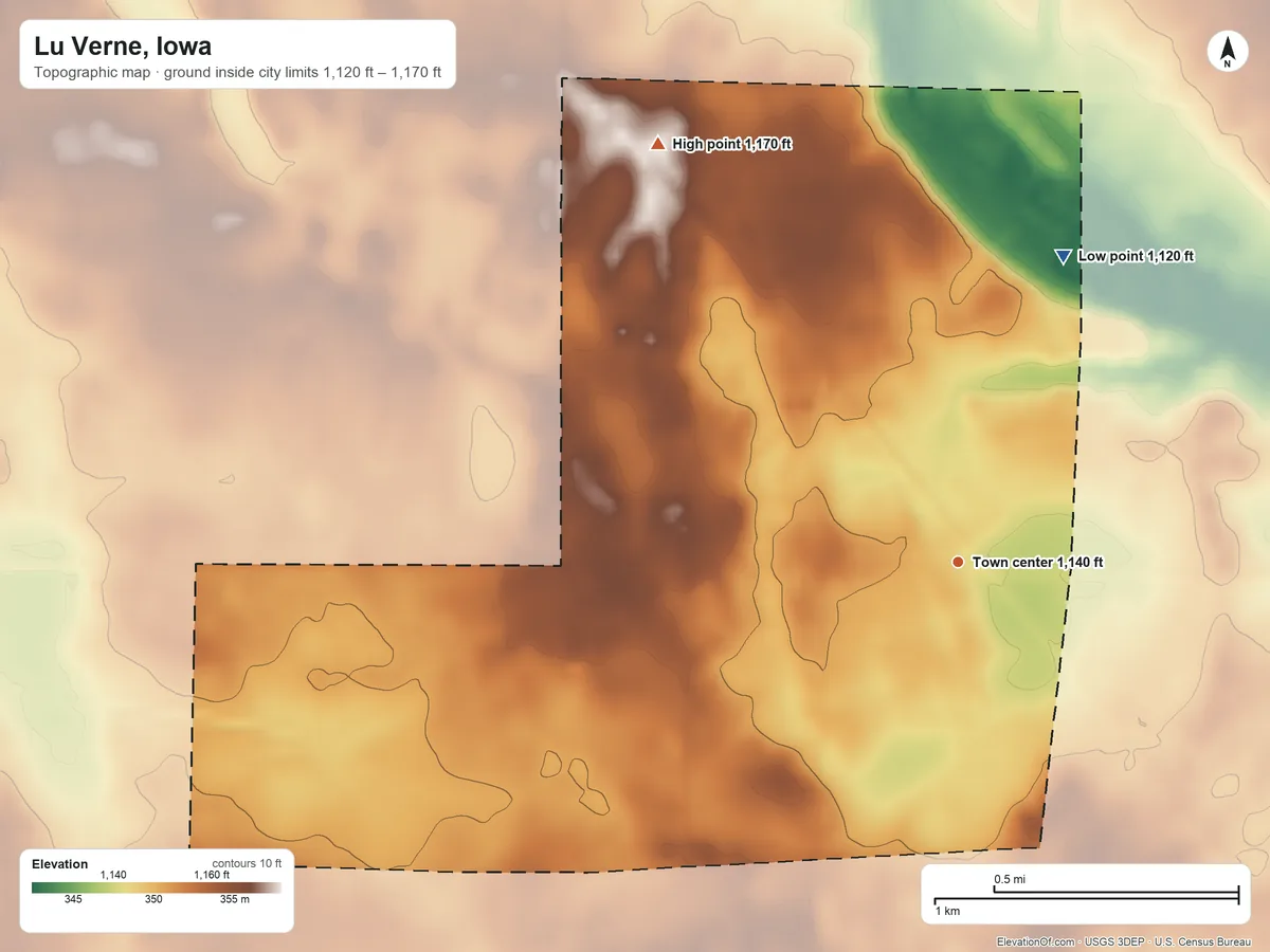 Topographic elevation map of Lu Verne, Iowa, shaded from 1,120 ft on the north side to 1,170 ft on the northwest side