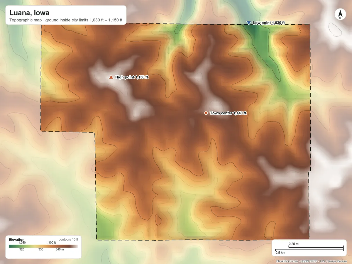 Topographic elevation map of Luana, Iowa, shaded from 1,030 ft on the northeast side to 1,150 ft on the west side