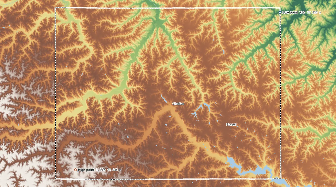Topographic elevation map of Lucas County, Iowa, shaded from 780 ft on the northeast side to 1,110 ft on the southwest side