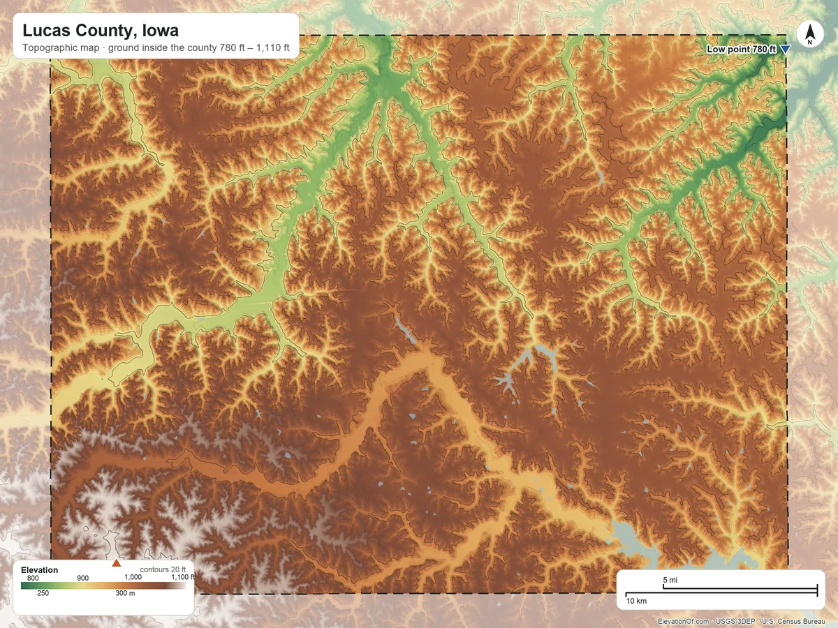 Topographic elevation map of Lucas County, Iowa, shaded from 780 ft on the northeast side to 1,110 ft on the southwest side