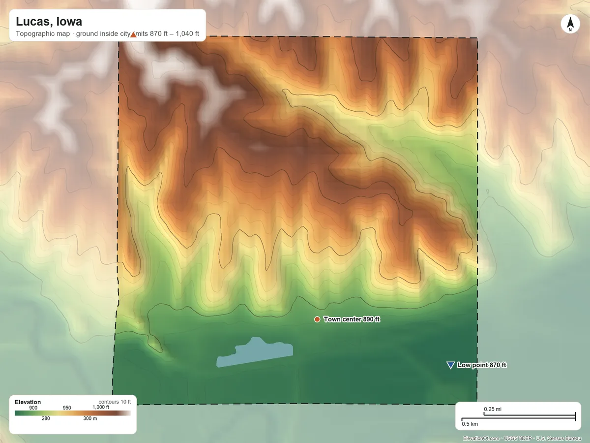 Topographic elevation map of Lucas, Iowa, shaded from 870 ft on the east side to 1,040 ft on the northwest side
