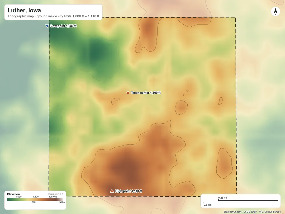 Topographic elevation map of Luther, Iowa, shaded from 1,080 ft on the northwest side to 1,110 ft on the south side