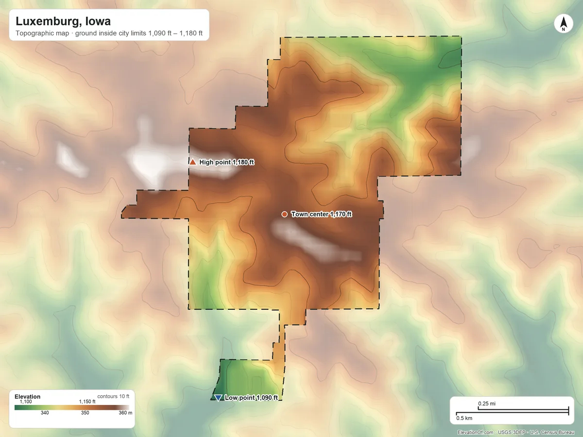 Topographic elevation map of Luxemburg, Iowa, shaded from 1,090 ft on the south side to 1,180 ft on the northwest side