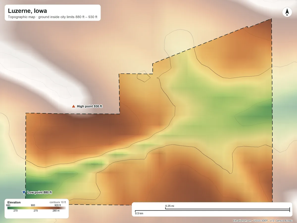 Topographic elevation map of Luzerne, Iowa, shaded from 880 ft on the southwest side to 930 ft on the west side