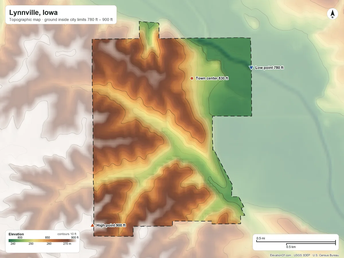 Topographic elevation map of Lynnville, Iowa, shaded from 780 ft on the east side to 900 ft on the southwest side