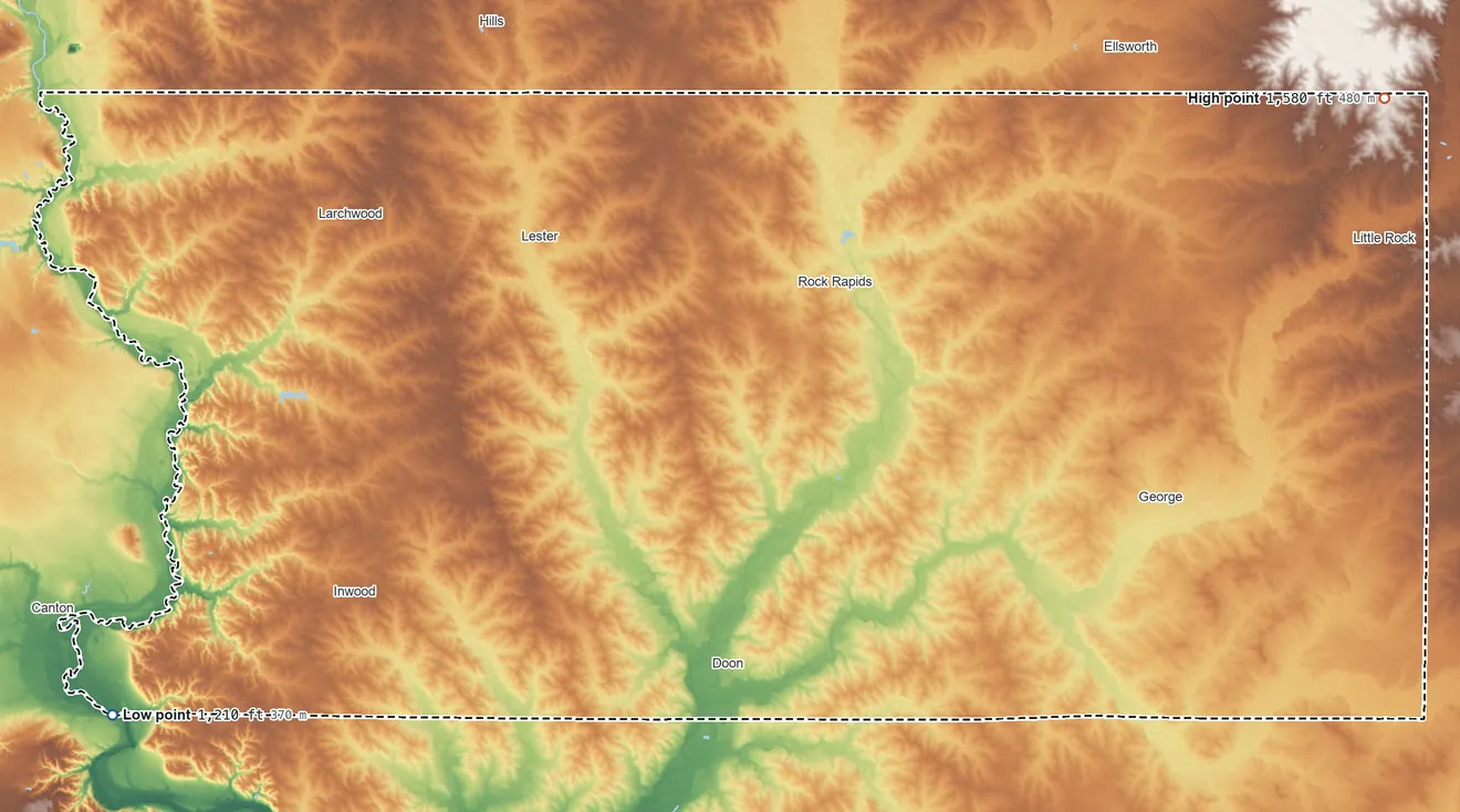 Topographic elevation map of Lyon County, Iowa, shaded from 1,210 ft on the southwest side to 1,580 ft on the northeast side