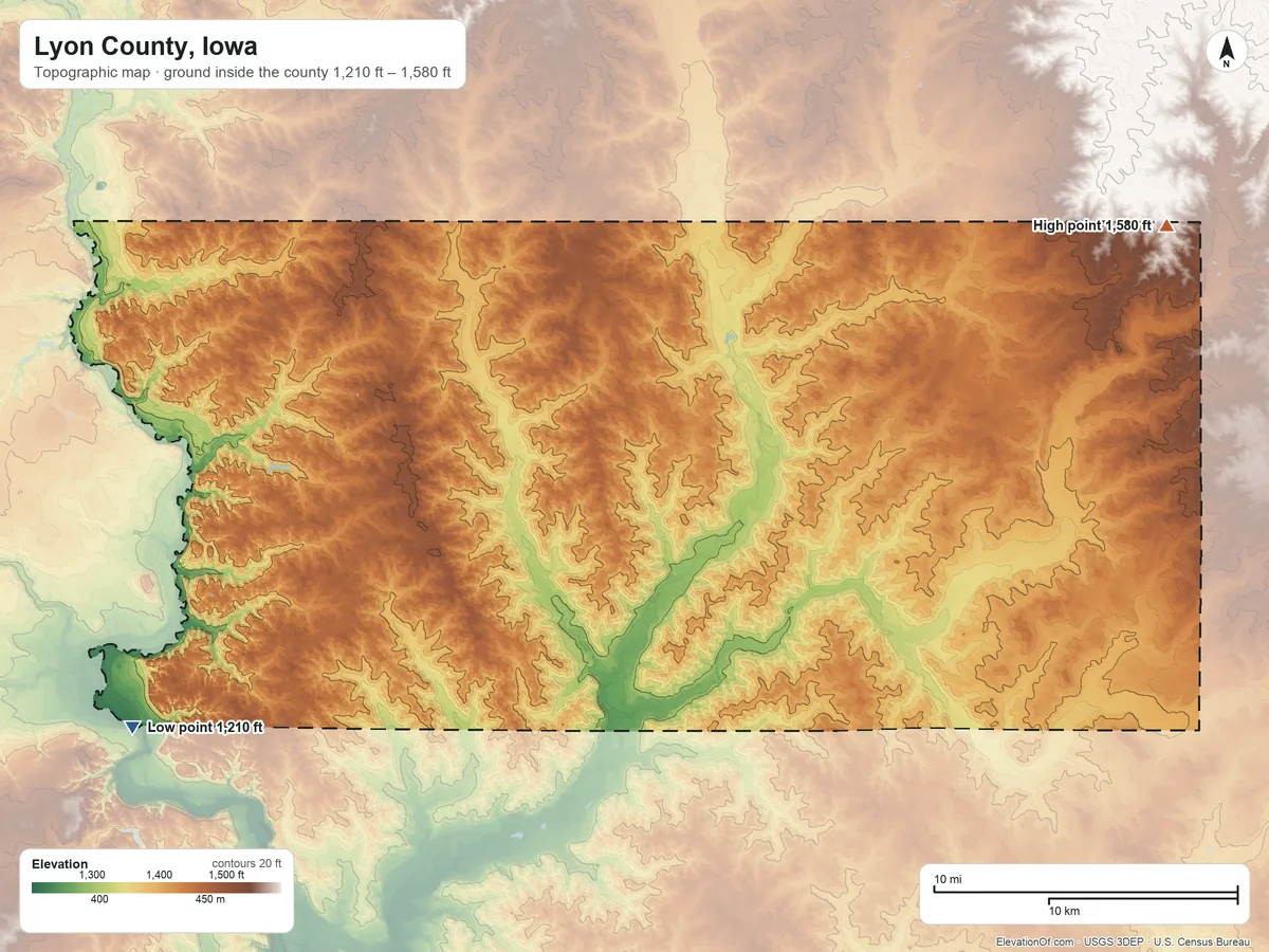 Topographic elevation map of Lyon County, Iowa, shaded from 1,210 ft on the southwest side to 1,580 ft on the northeast side