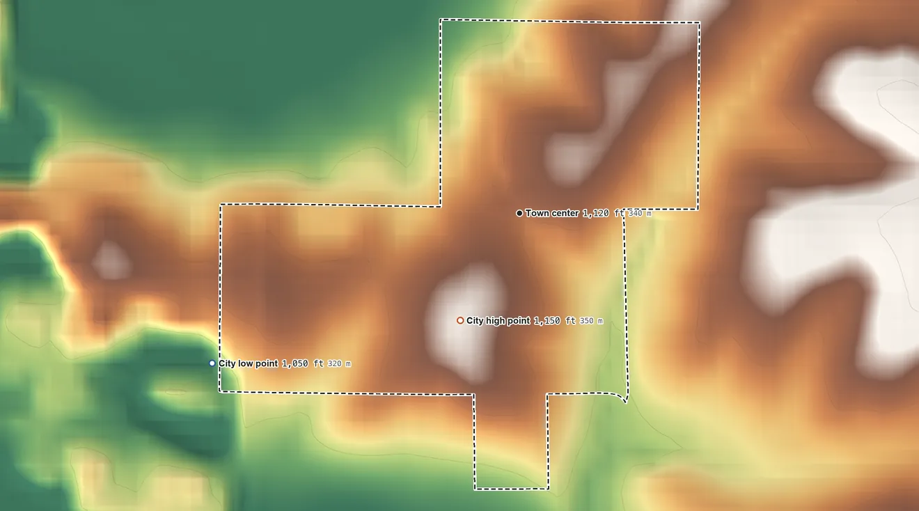 Topographic elevation map of Macedonia, Iowa, shaded from 1,050 ft on the southwest side to 1,150 ft on the southwest side