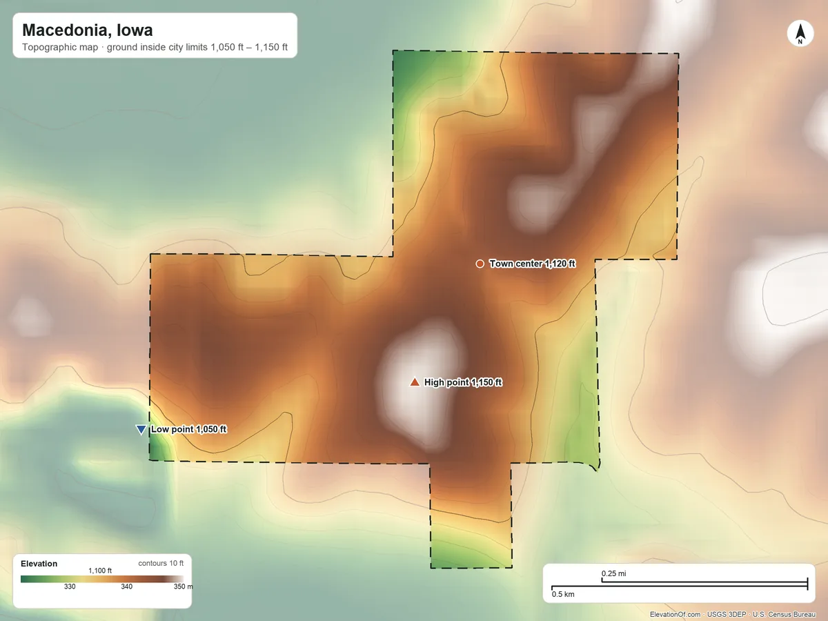 Topographic elevation map of Macedonia, Iowa, shaded from 1,050 ft on the southwest side to 1,150 ft on the southwest side