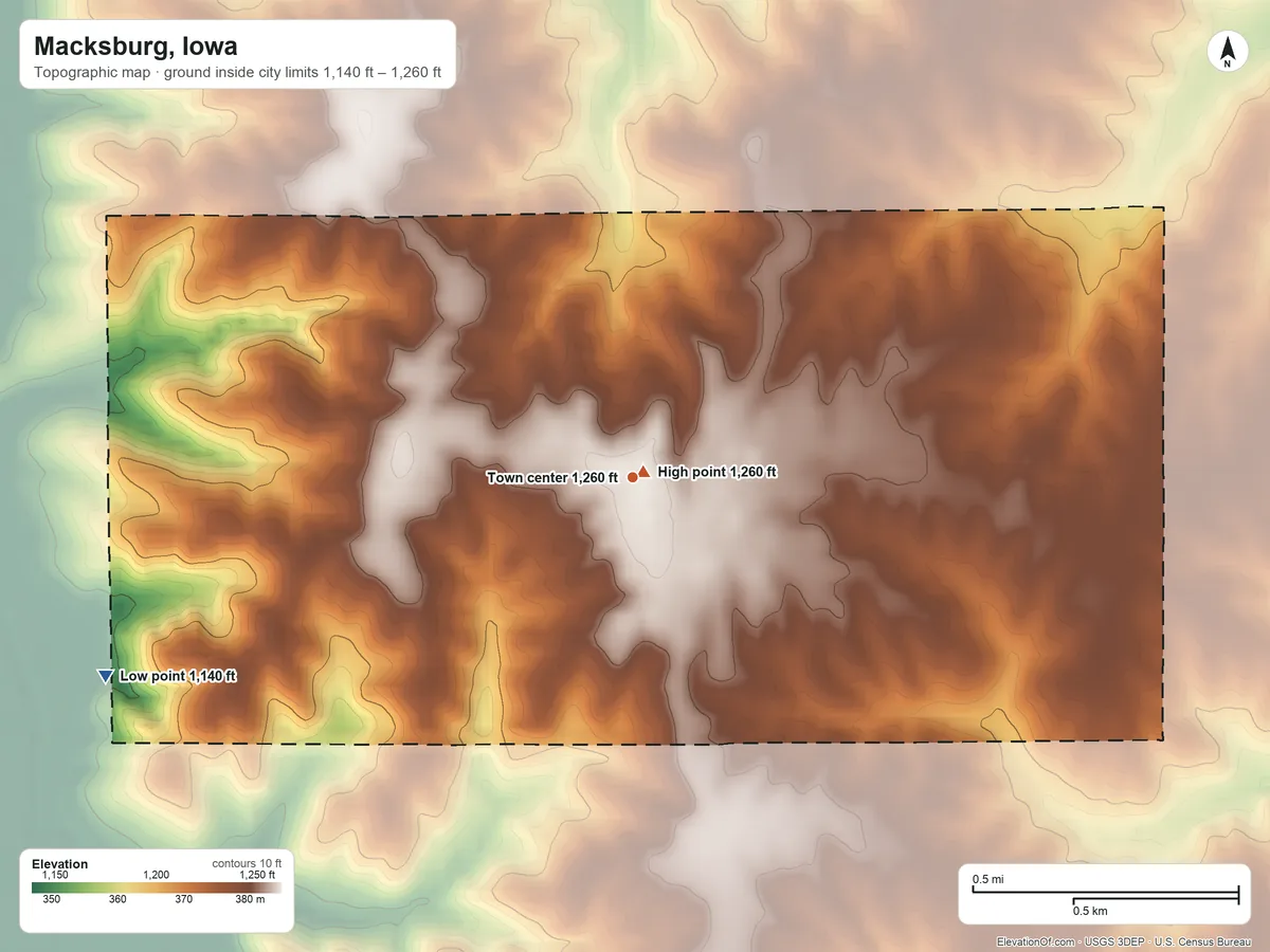 Topographic elevation map of Macksburg, Iowa, shaded from 1,140 ft on the west side to 1,260 ft near the middle