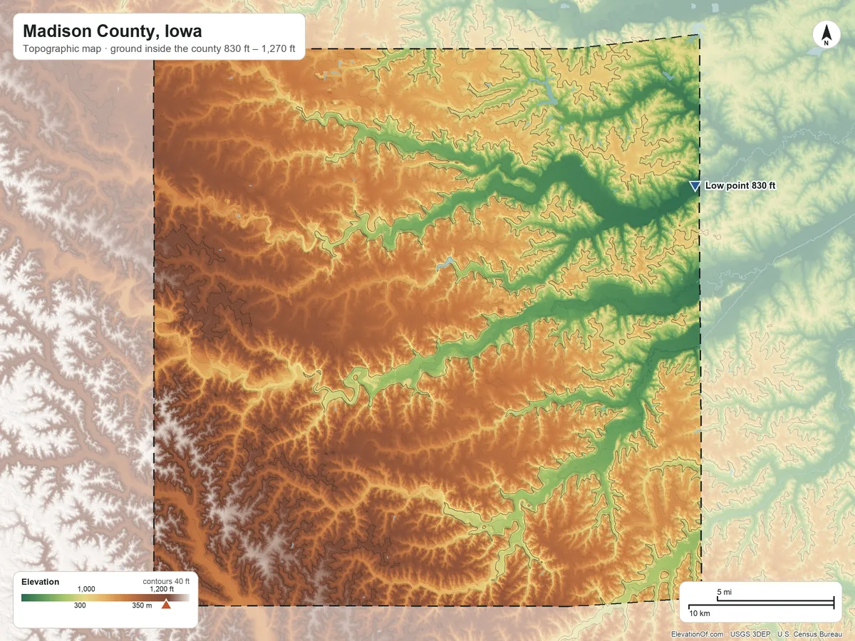 Topographic elevation map of Madison County, Iowa, shaded from 830 ft on the northeast side to 1,270 ft on the southwest side