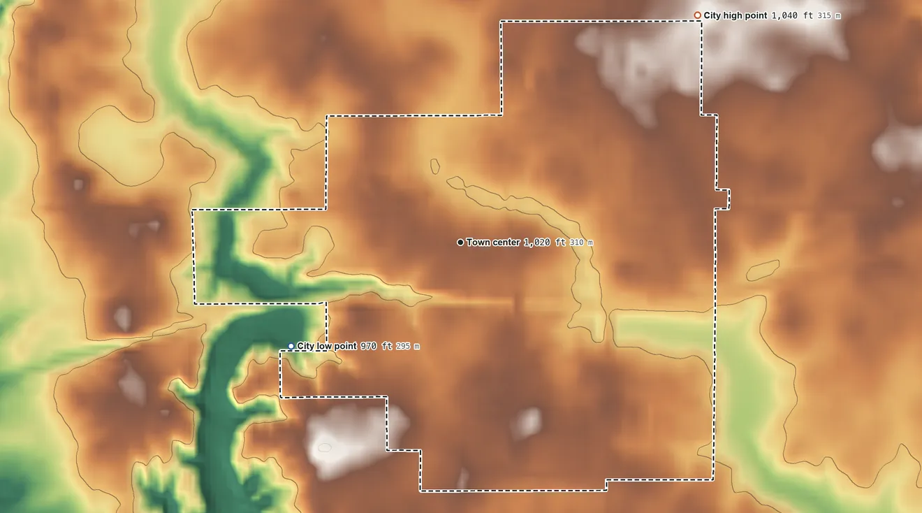 Topographic elevation map of Madrid, Iowa, shaded from 970 ft on the southwest side to 1,040 ft on the northeast side