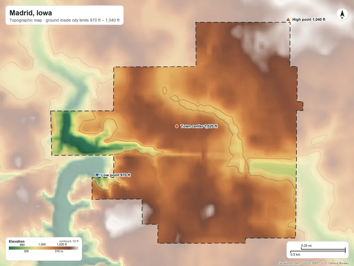 Topographic elevation map of Madrid, Iowa, shaded from 970 ft on the southwest side to 1,040 ft on the northeast side