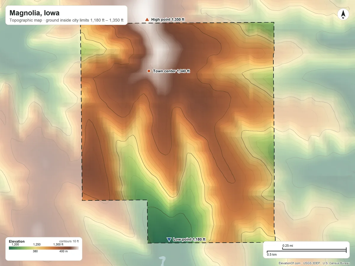 Topographic elevation map of Magnolia, Iowa, shaded from 1,180 ft on the south side to 1,350 ft on the north side