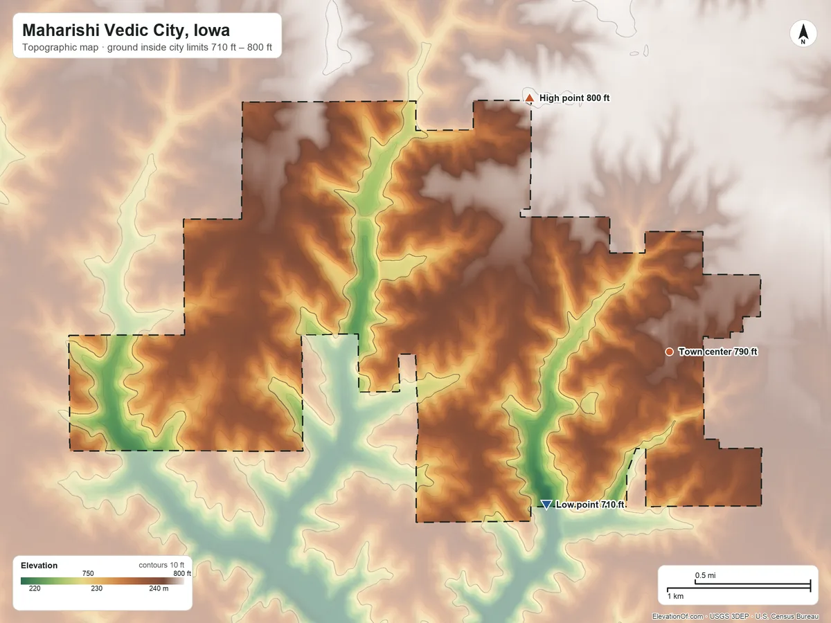 Topographic elevation map of Maharishi Vedic City, Iowa, shaded from 710 ft on the southwest side to 800 ft on the northwest side