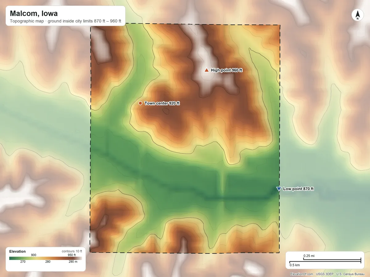 Topographic elevation map of Malcom, Iowa, shaded from 870 ft on the southeast side to 960 ft on the northeast side