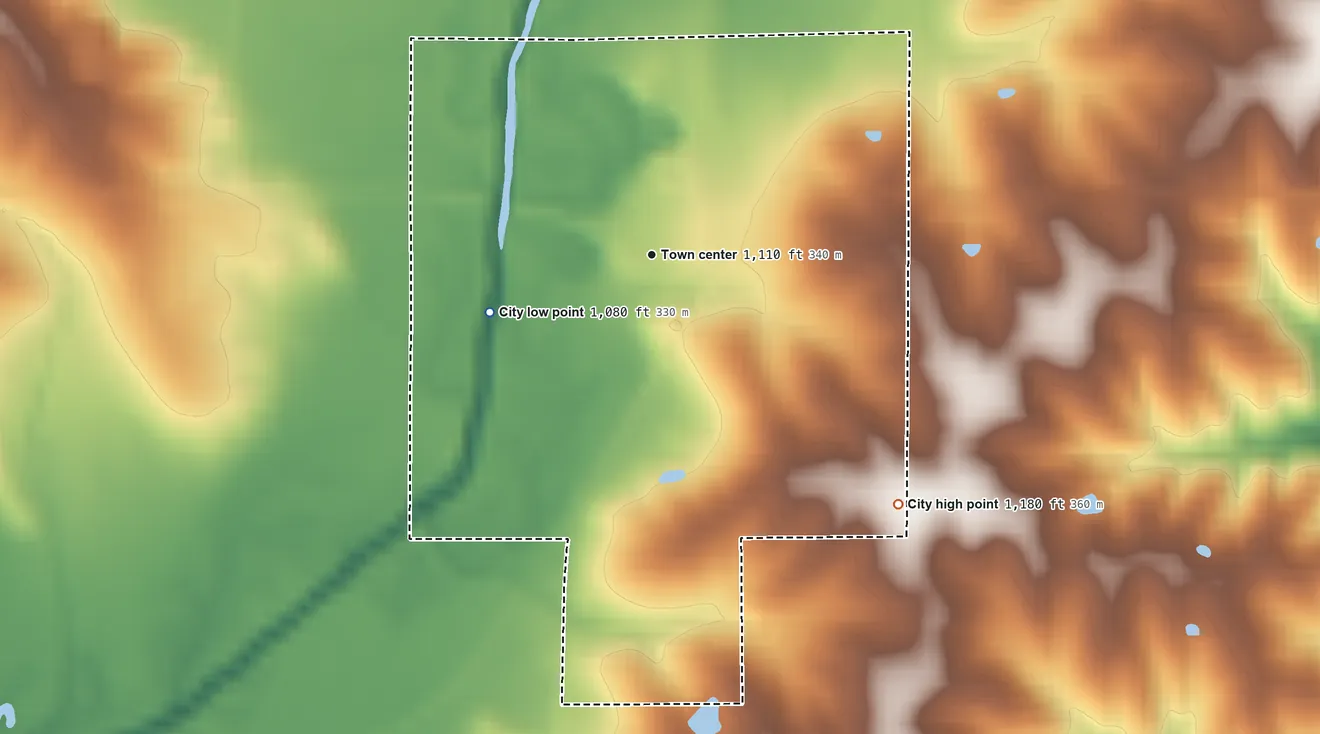 Topographic elevation map of Maloy, Iowa, shaded from 1,080 ft on the west side to 1,180 ft on the southeast side