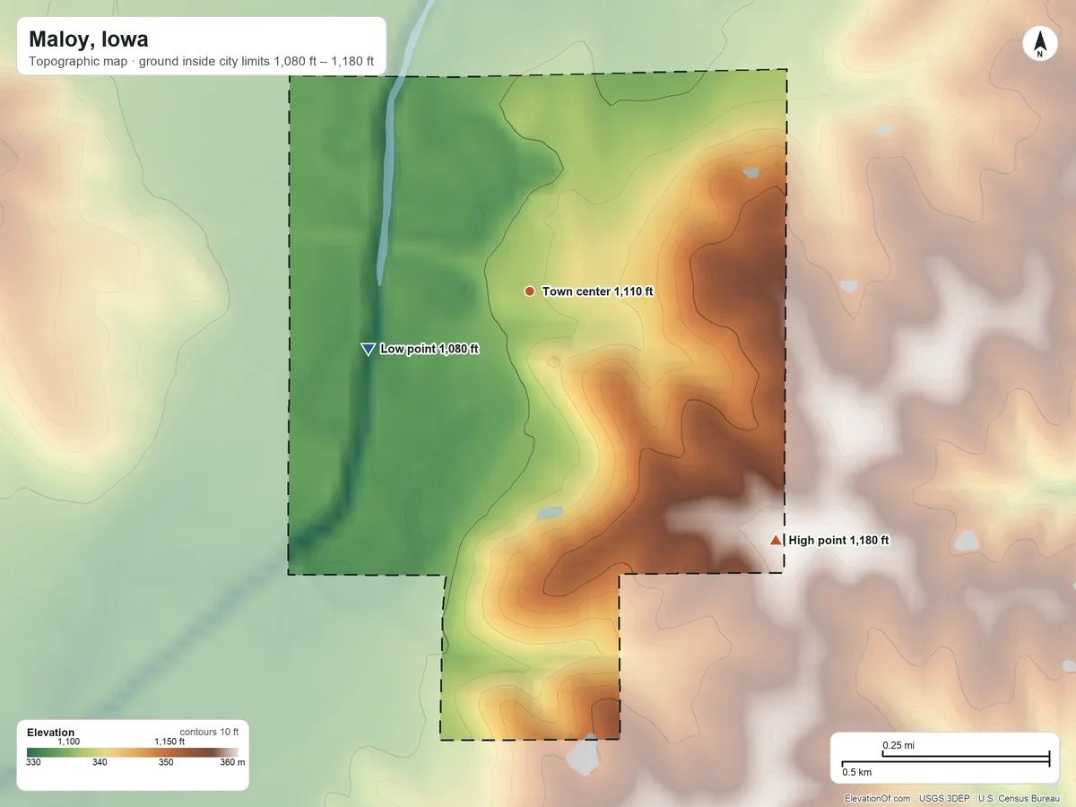 Topographic elevation map of Maloy, Iowa, shaded from 1,080 ft on the west side to 1,180 ft on the southeast side