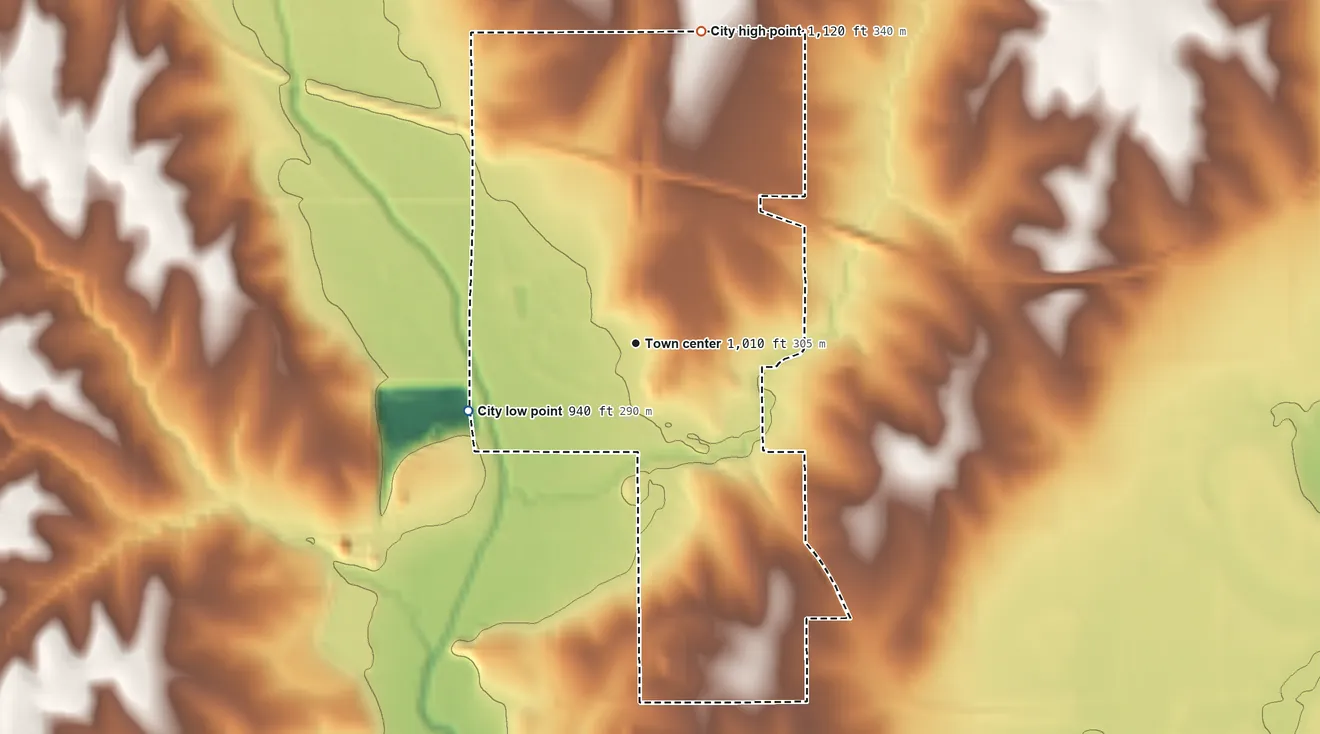 Topographic elevation map of Malvern, Iowa, shaded from 940 ft on the west side to 1,120 ft on the north side