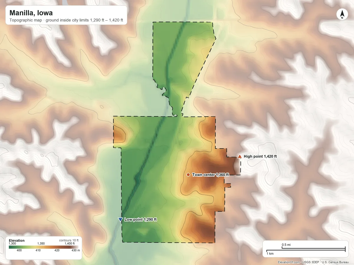 Topographic elevation map of Manilla, Iowa, shaded from 1,290 ft on the southwest side to 1,420 ft on the east side
