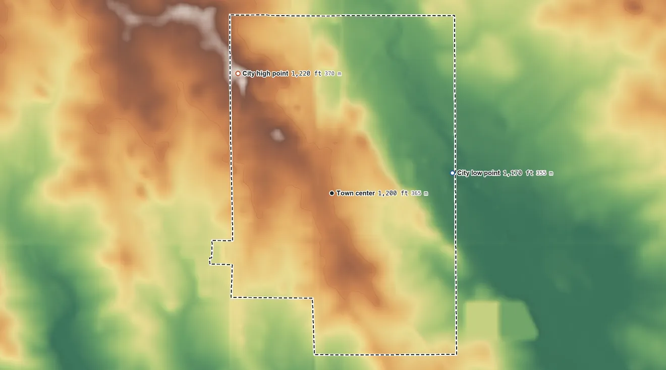 Topographic elevation map of Manly, Iowa, shaded from 1,170 ft on the east side to 1,220 ft on the northwest side