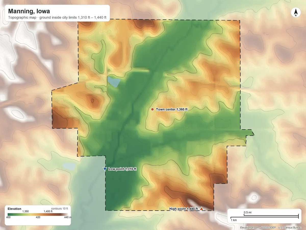 Topographic elevation map of Manning, Iowa, shaded from 1,310 ft on the southwest side to 1,440 ft on the southeast side