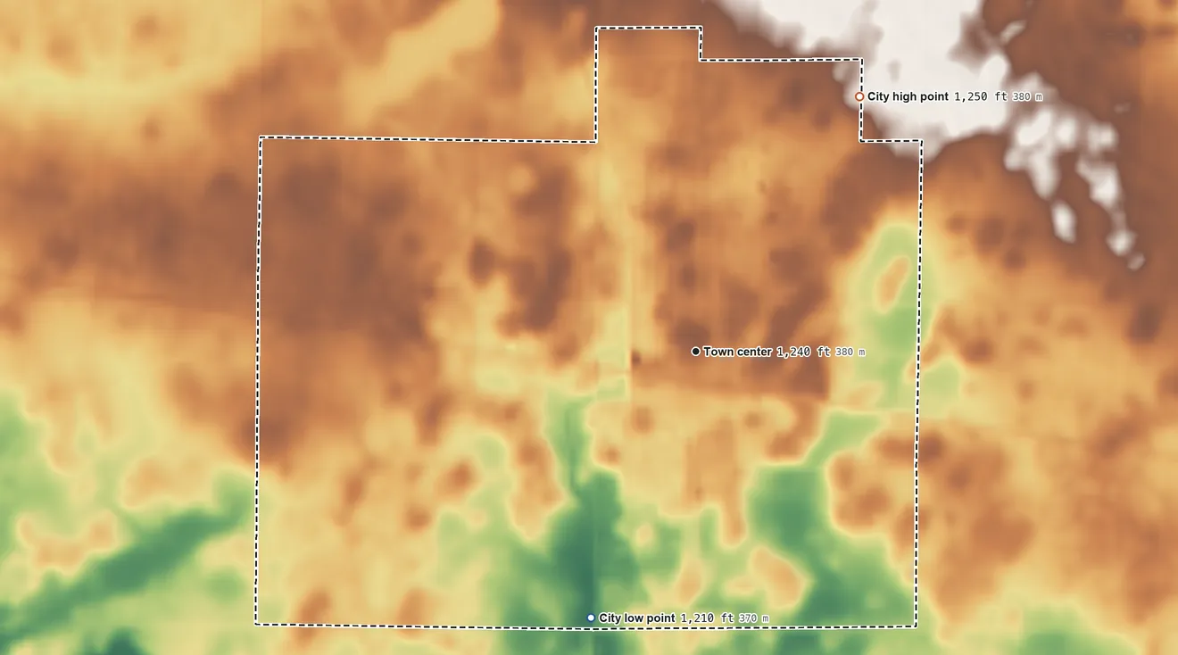 Topographic elevation map of Manson, Iowa, shaded from 1,210 ft on the south side to 1,250 ft on the northeast side