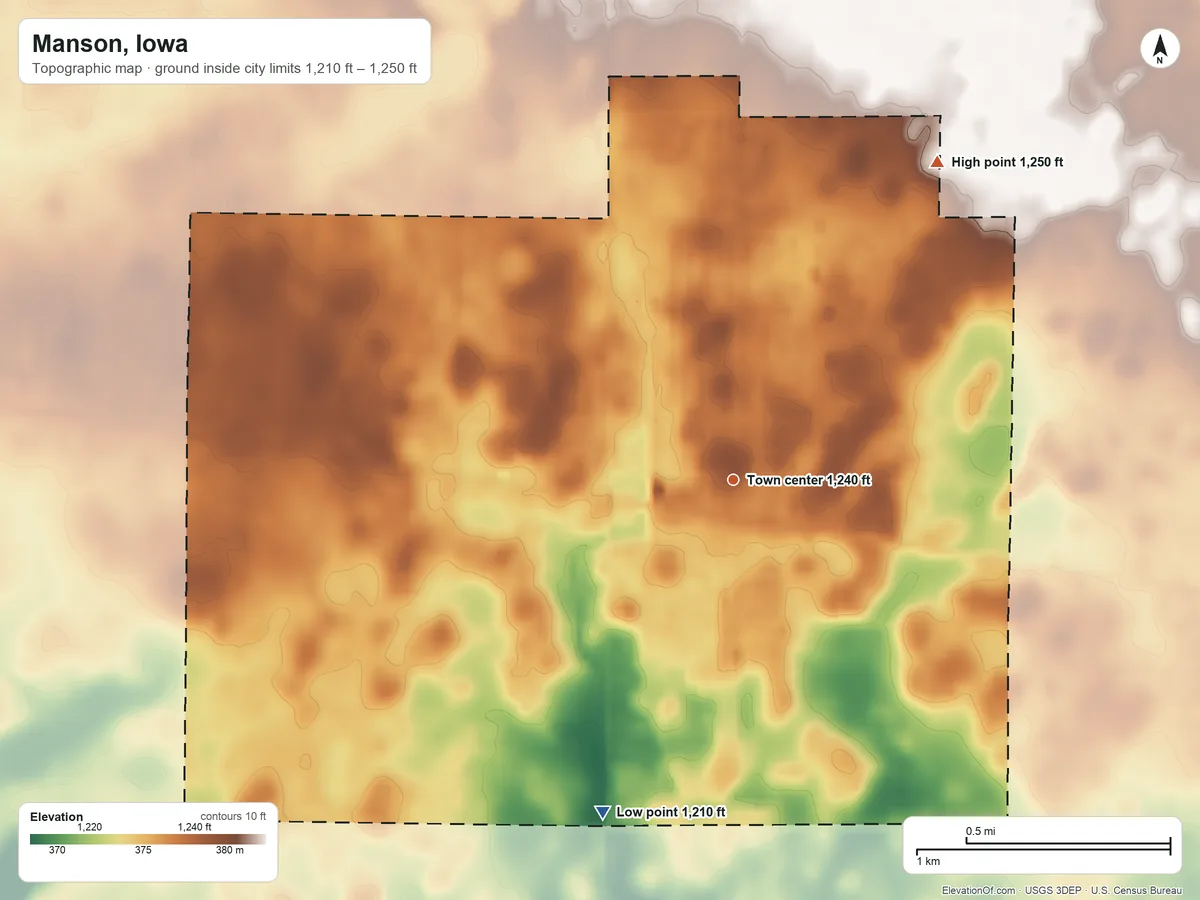 Topographic elevation map of Manson, Iowa, shaded from 1,210 ft on the south side to 1,250 ft on the northeast side
