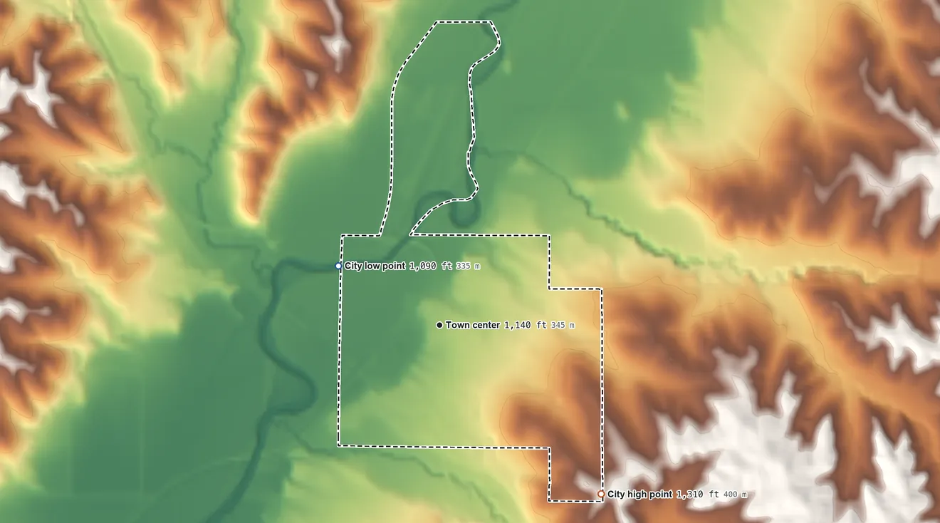 Topographic elevation map of Mapleton, Iowa, shaded from 1,090 ft on the northwest side to 1,310 ft on the southeast side