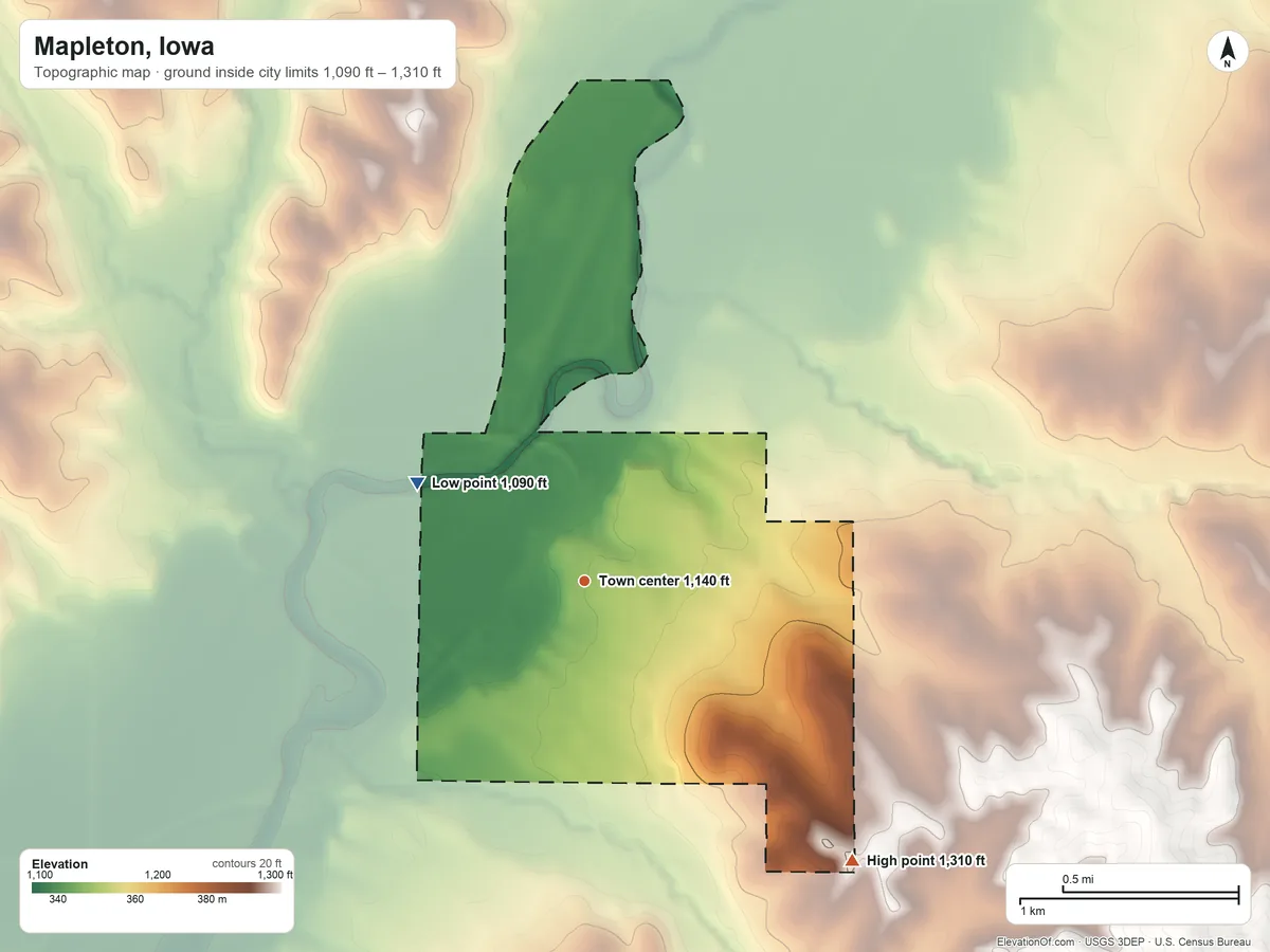Topographic elevation map of Mapleton, Iowa, shaded from 1,090 ft on the northwest side to 1,310 ft on the southeast side