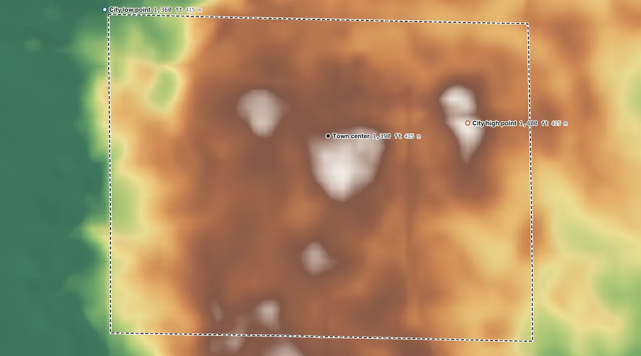 Topographic elevation map of Marathon, Iowa, shaded from 1,360 ft on the northwest side to 1,400 ft on the east side