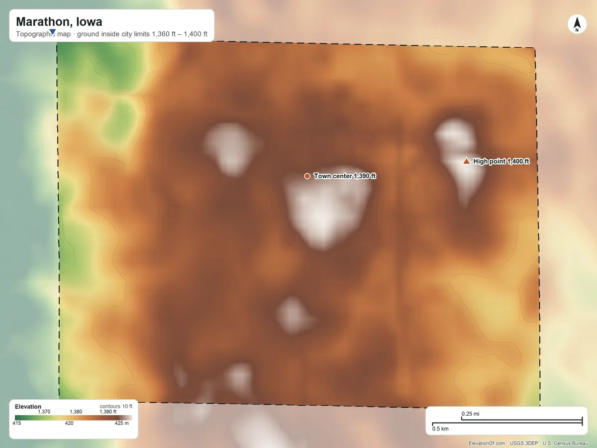 Topographic elevation map of Marathon, Iowa, shaded from 1,360 ft on the northwest side to 1,400 ft on the east side