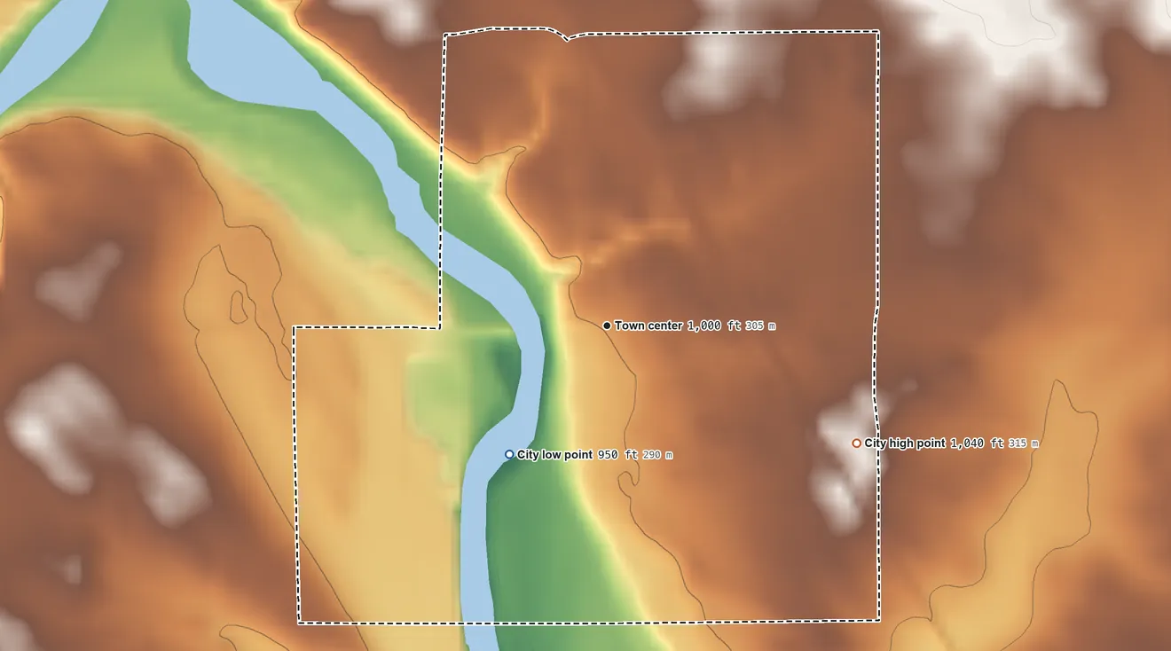 Topographic elevation map of Marble Rock, Iowa, shaded from 950 ft on the southwest side to 1,040 ft on the southeast side