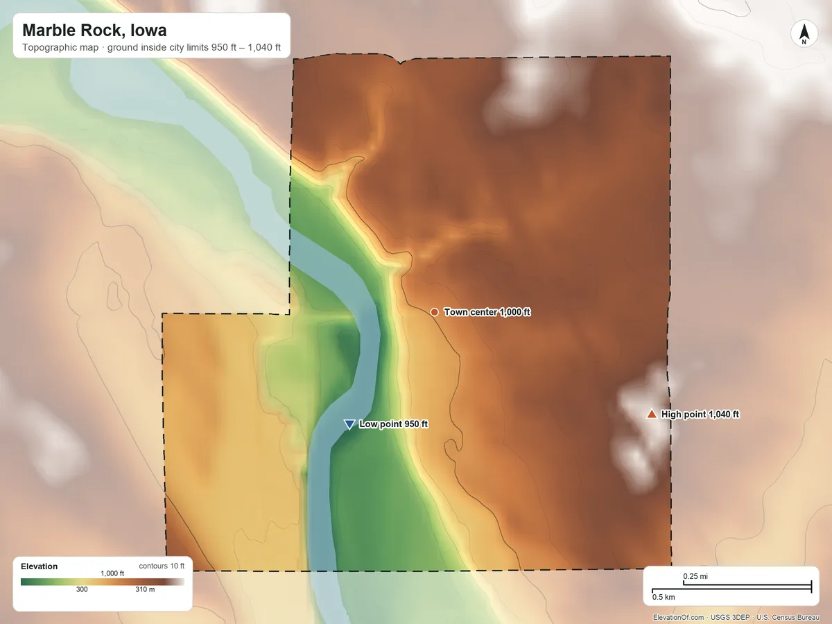 Topographic elevation map of Marble Rock, Iowa, shaded from 950 ft on the southwest side to 1,040 ft on the southeast side