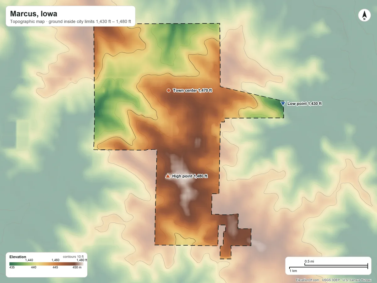 Topographic elevation map of Marcus, Iowa, shaded from 1,430 ft on the east side to 1,480 ft on the south side