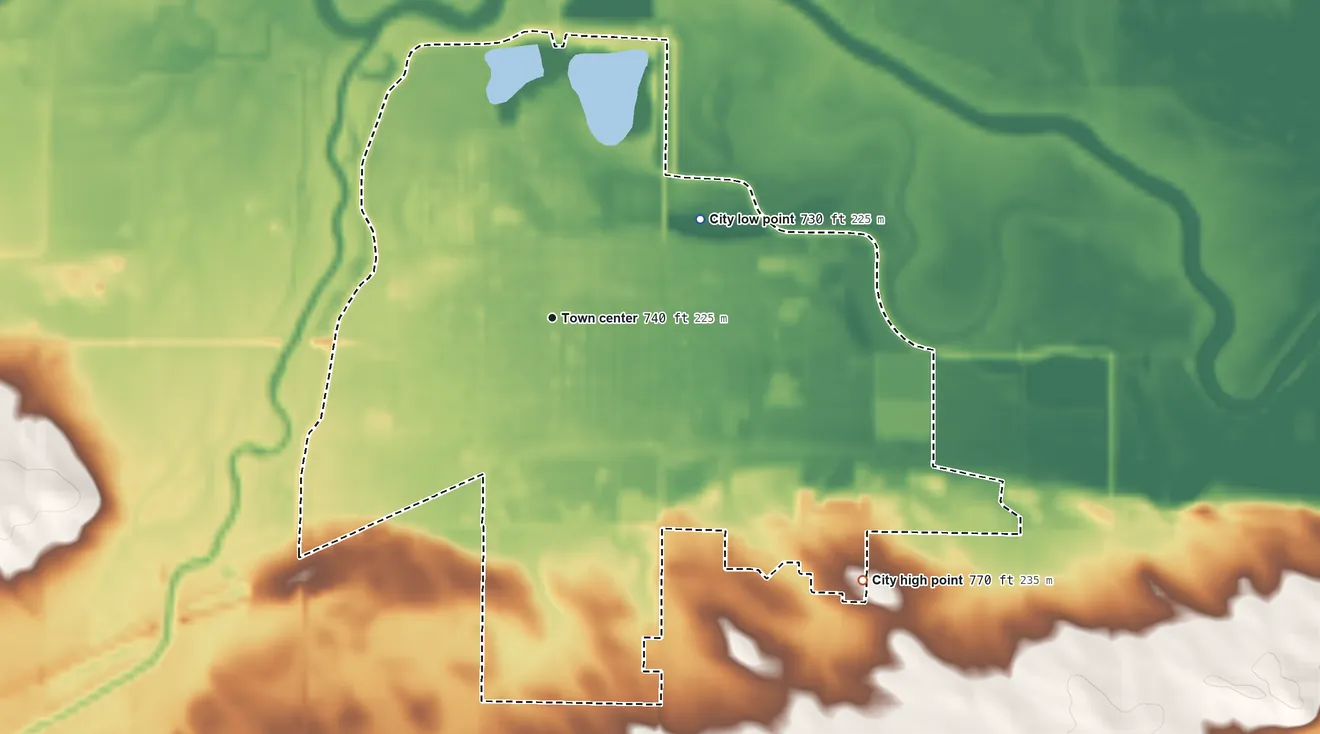 Topographic elevation map of Marengo, Iowa, shaded from 730 ft on the northeast side to 770 ft on the southeast side