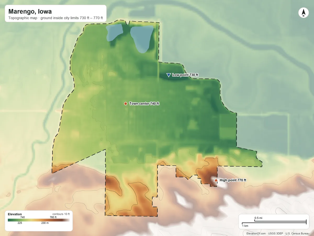 Topographic elevation map of Marengo, Iowa, shaded from 730 ft on the northeast side to 770 ft on the southeast side